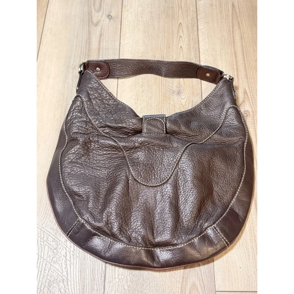 Michael Kors Brown Pebbled Leather Hobo Bag Buckle Detail Contrast Stitching